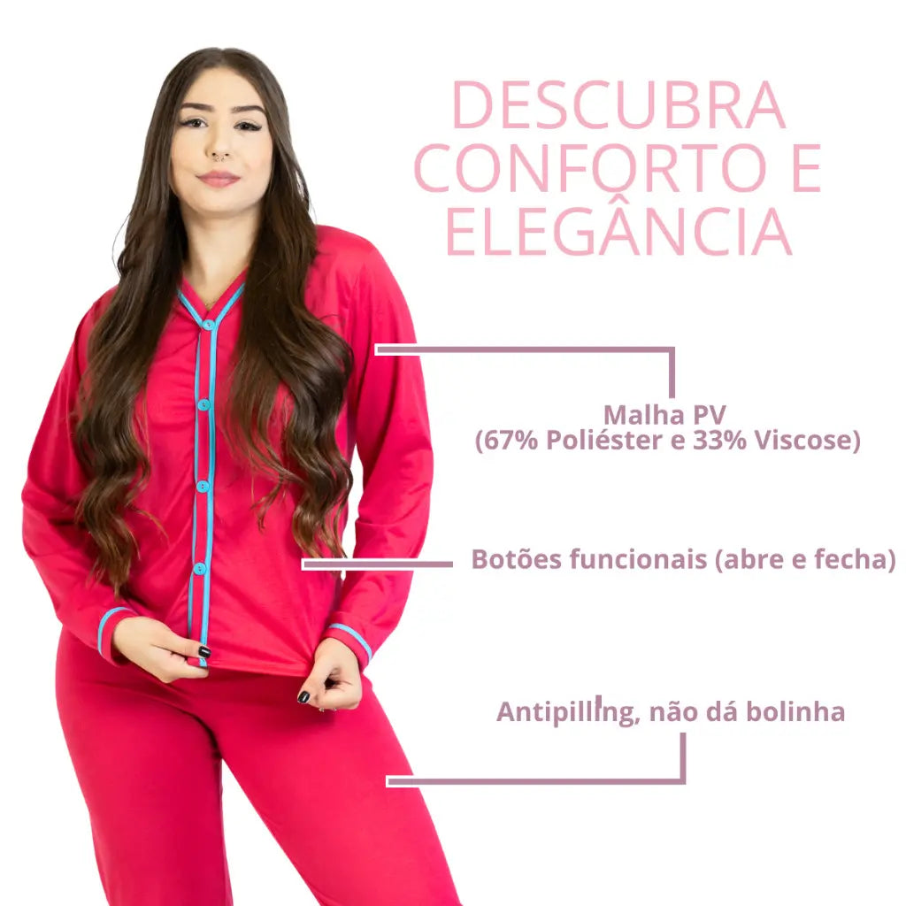 (KIT COM 3) Pijama Feminino Longo Americano