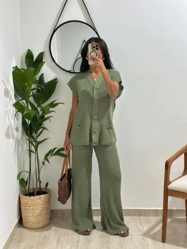 Conjunto Feminino Tricot com Calça Pantalona e Blusa Regata 2026 (PROMOÇÃO DE DIA DAS MÃES))
