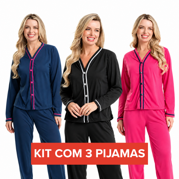 (KIT COM 3) Pijama Feminino Longo Americano