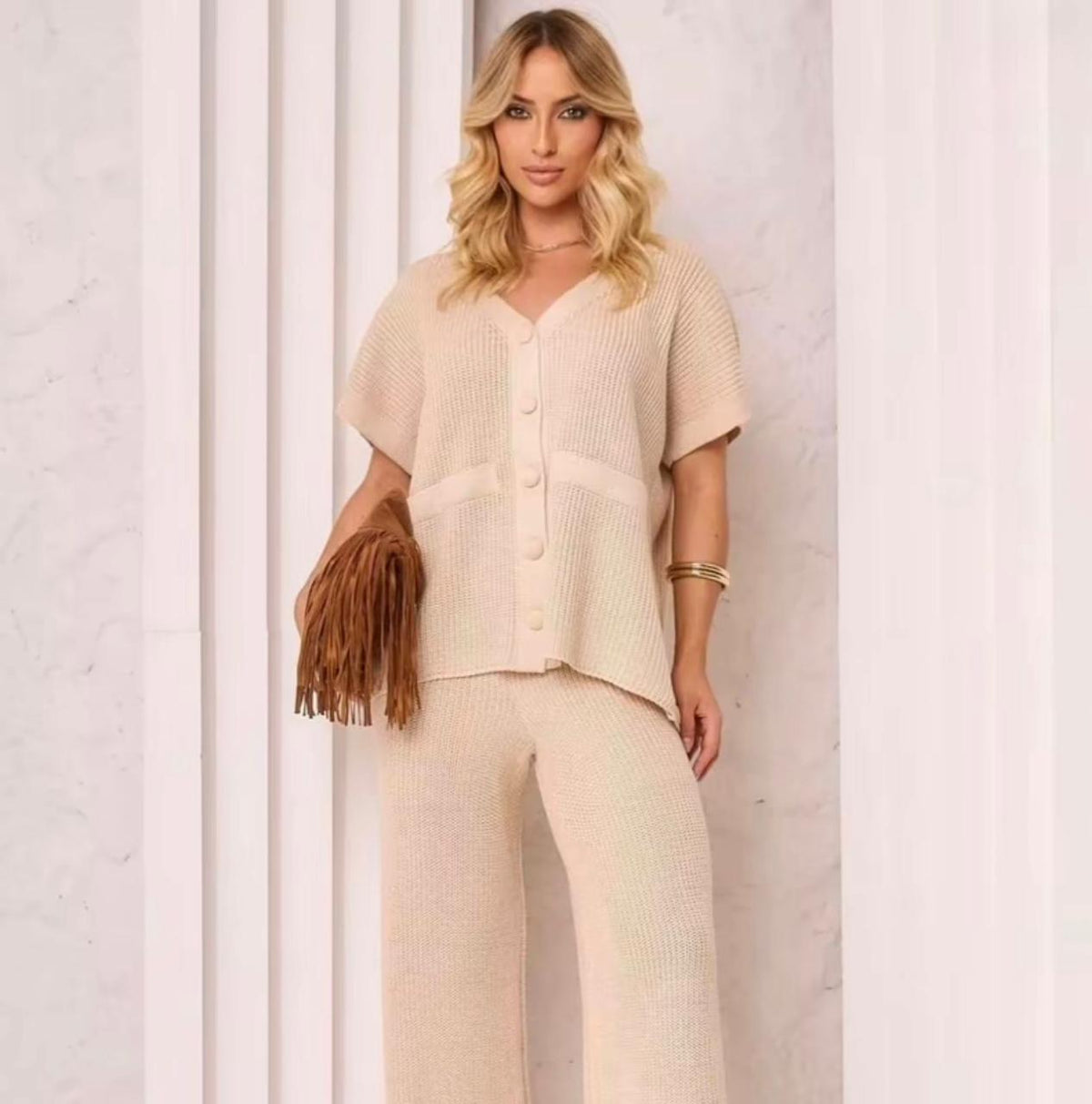 Conjunto Feminino Tricot com Calça Pantalona e Blusa Regata 2026 (PROMOÇÃO DE DIA DAS MÃES))