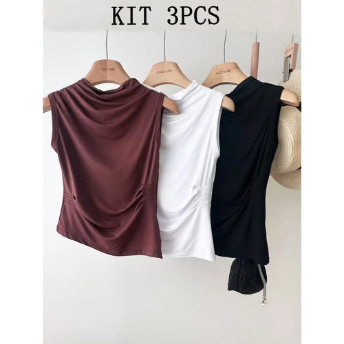 (KIT COM 3) Blusa Feminina Sem Manga Gola Plissada em Viscose | PROMOÇÃO DE OUTONO